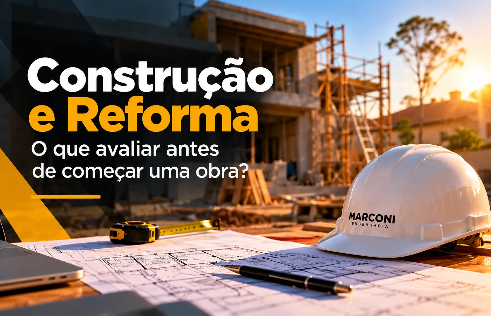 Thumb do blog sobre construção e reforma com capacete, planta e obra em execução ao fundo