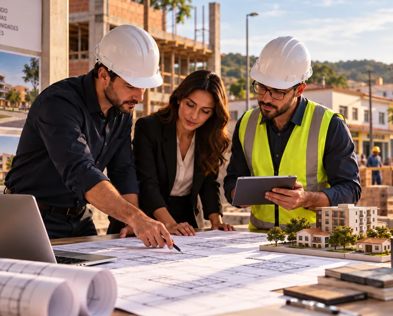 Equipe analisando projetos e soluções de engenharia para diferentes tipos de obra