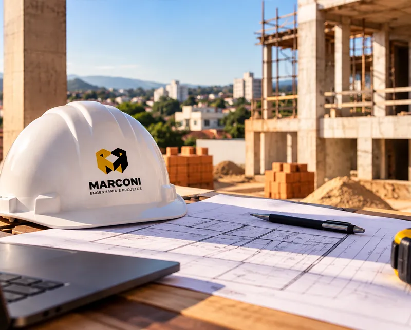 Capacete da Marconi e planta de obra em canteiro de construção