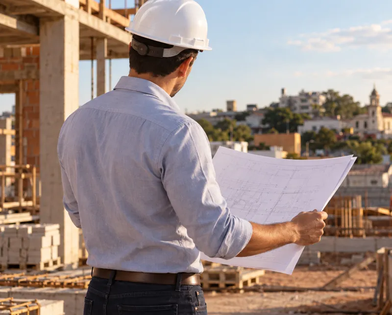 Profissional de engenharia analisando projeto em canteiro de obras
