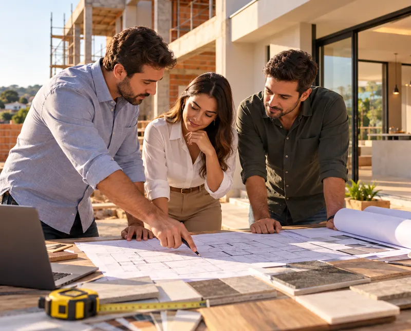 Profissionais analisando planta e materiais para construção e reforma de imóvel